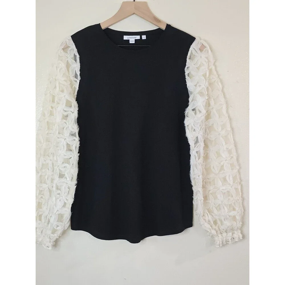 Chico's Mesh Applique Sleeve Blouse Womens Size 1 Medium Black Ivory Elegant Top